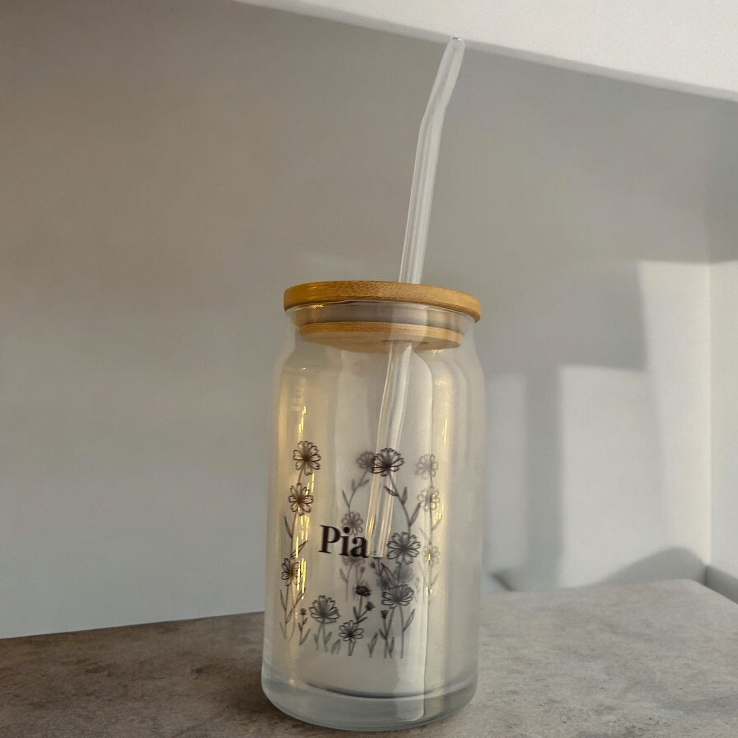 Floral Glass Cup - with straw and lid