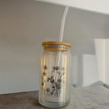 Floral Glass Cup - with straw and lid